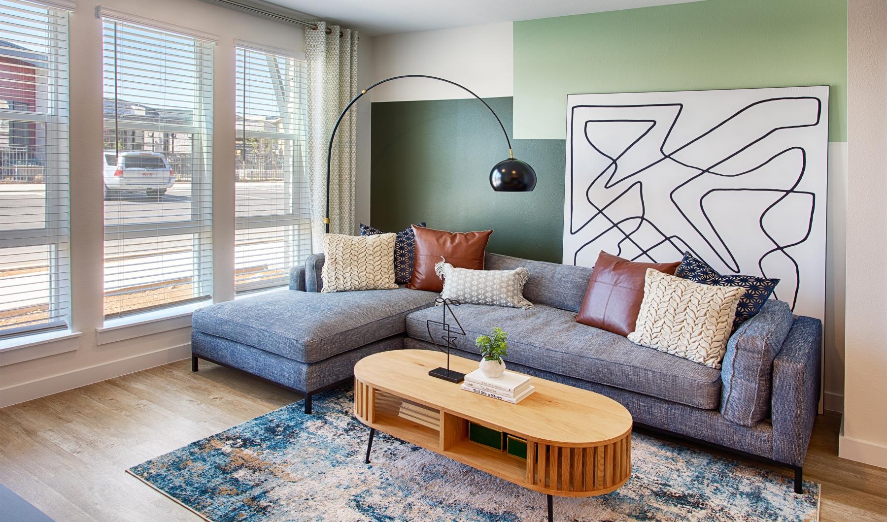 a living room with a couch and a coffee table