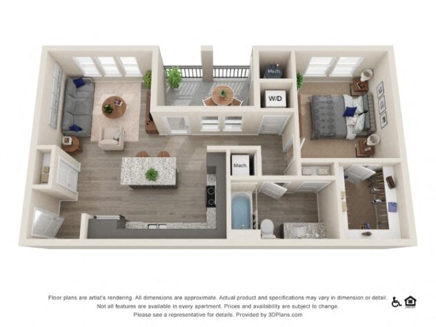 Rendering of the 1B floor plan with 1 bedroom[s] and 1 bathroom[s] at Alpine Prairie Village